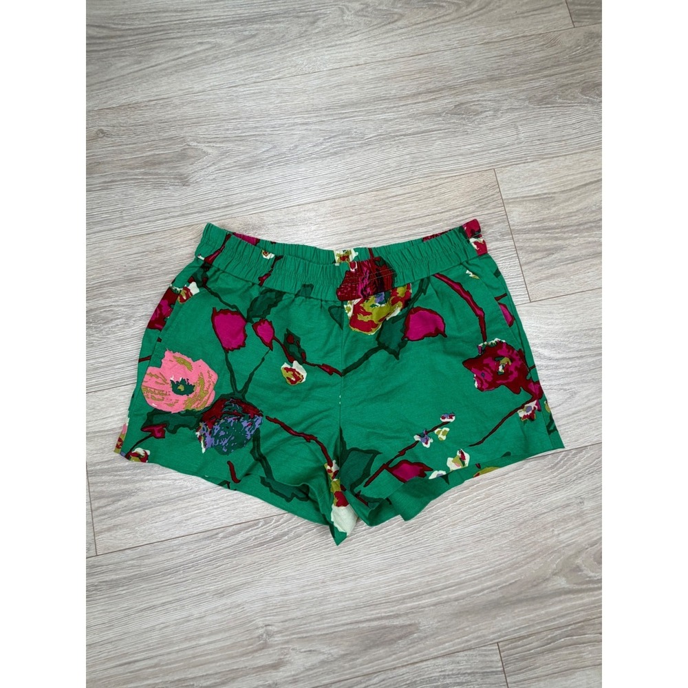 J.Crew Green Floral Linen Blend Elastic‎ Waist Shorts Size 4 Pink Red Botanical